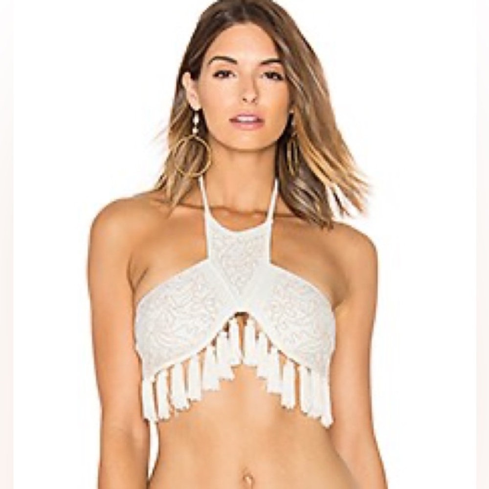 Beach Riot NWT Brazil Top White Fringe Rose Gold Embellishment Size Large